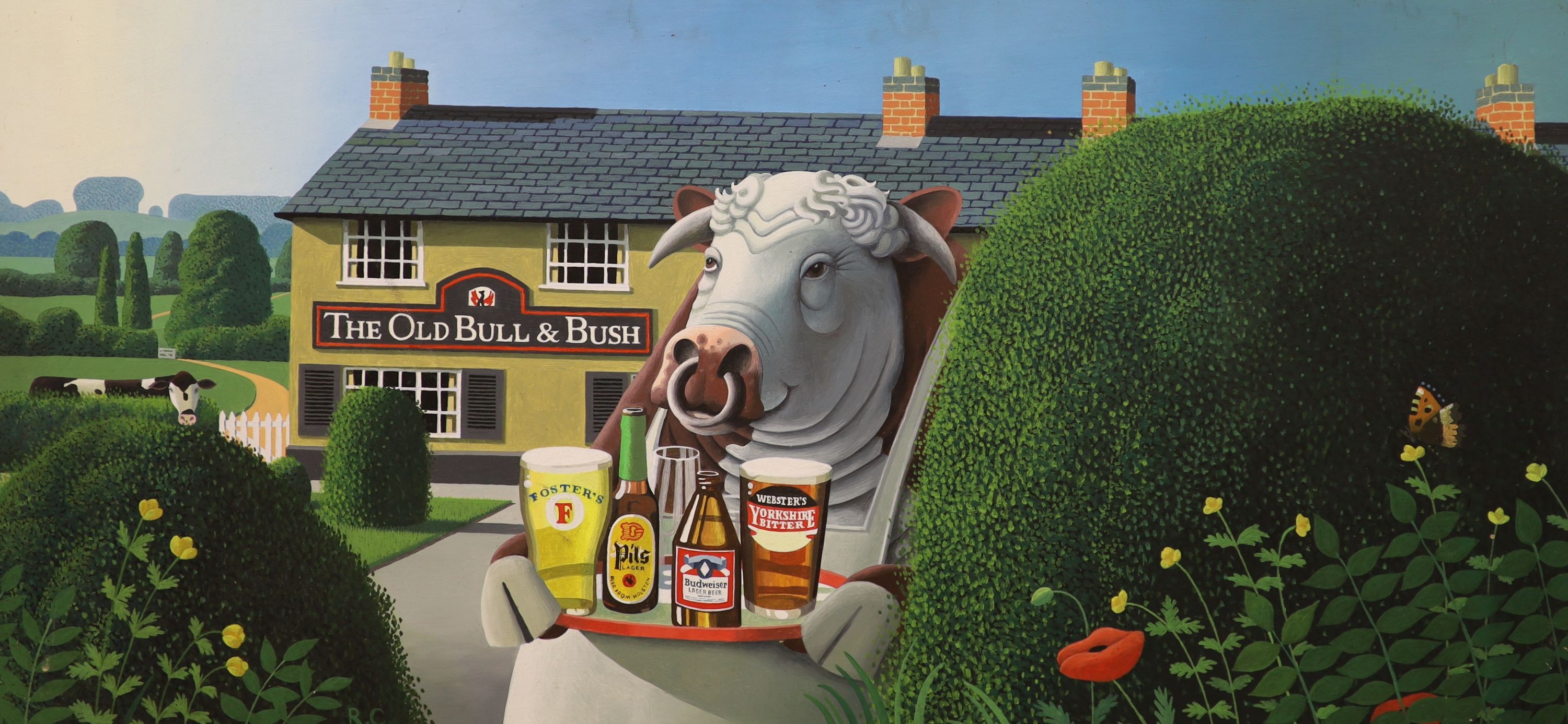 English School, oil on board, The Old Bull and Bush, initialled RC, 41 x 86cm, unframed